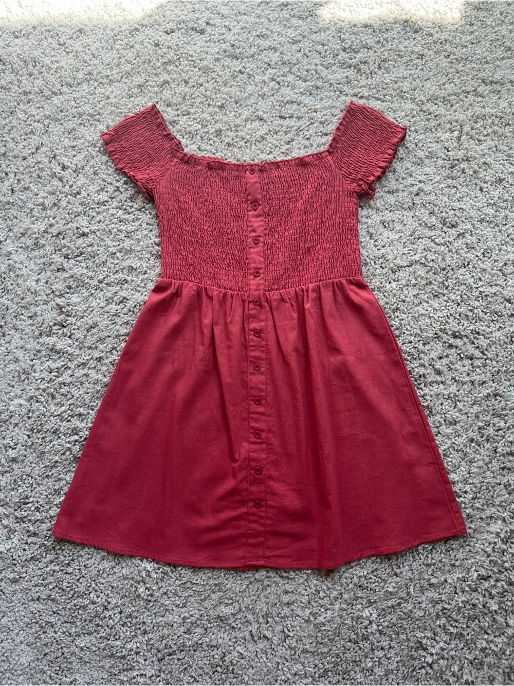 Sky and Sparrow Pinky Red Smocked Off-Shoulder Dress